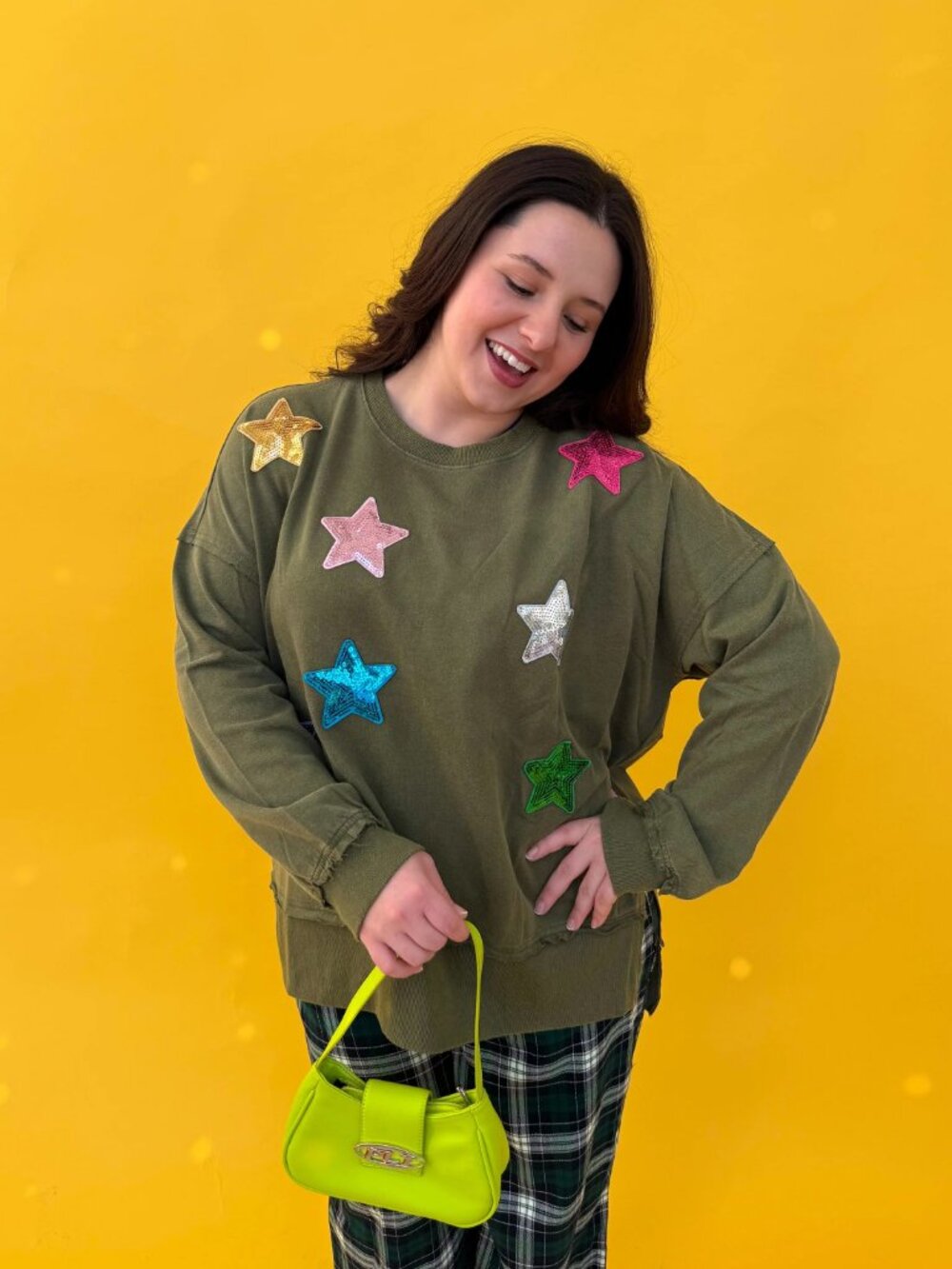 Olive Green Sequin Star Crewneck - Picture 2 of 3